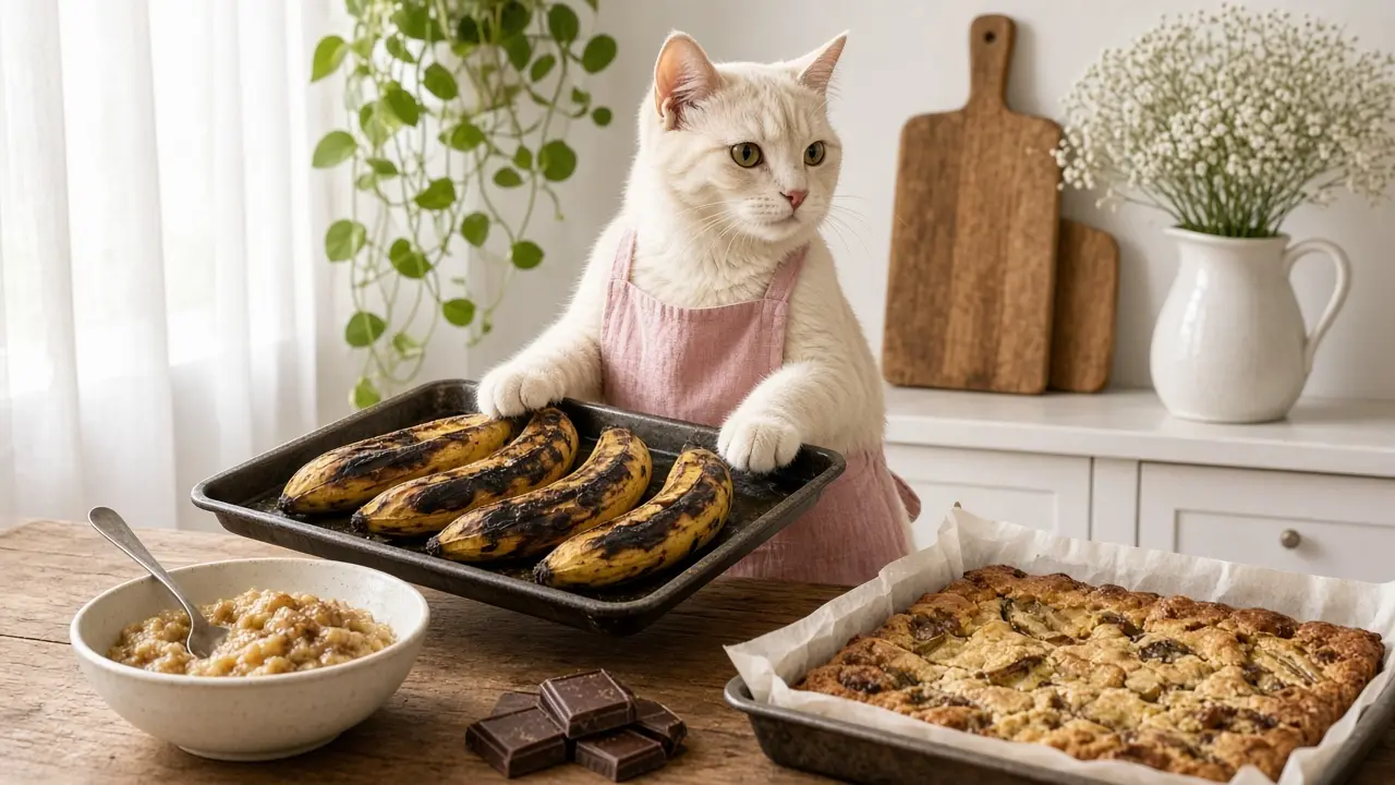 A cream-coloured cat in a pink apron, cooking this dish