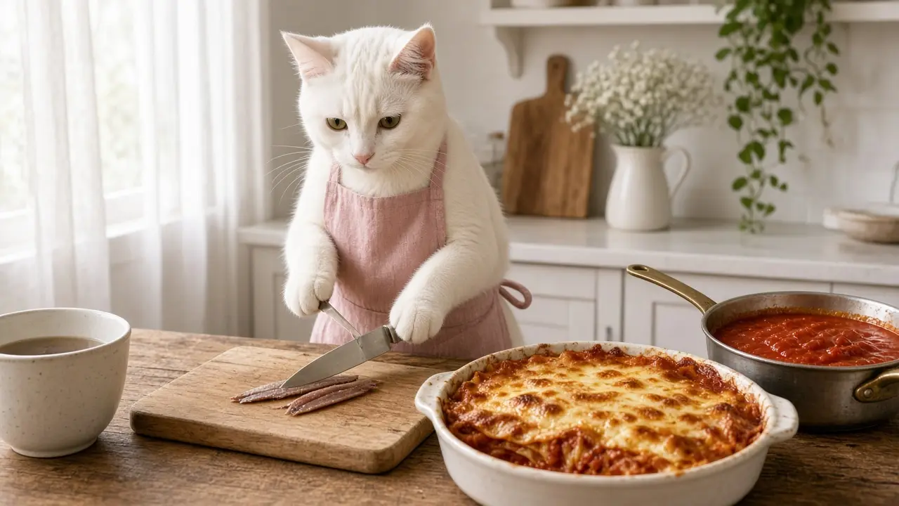 A cream-coloured cat in a pink apron, cooking this dish