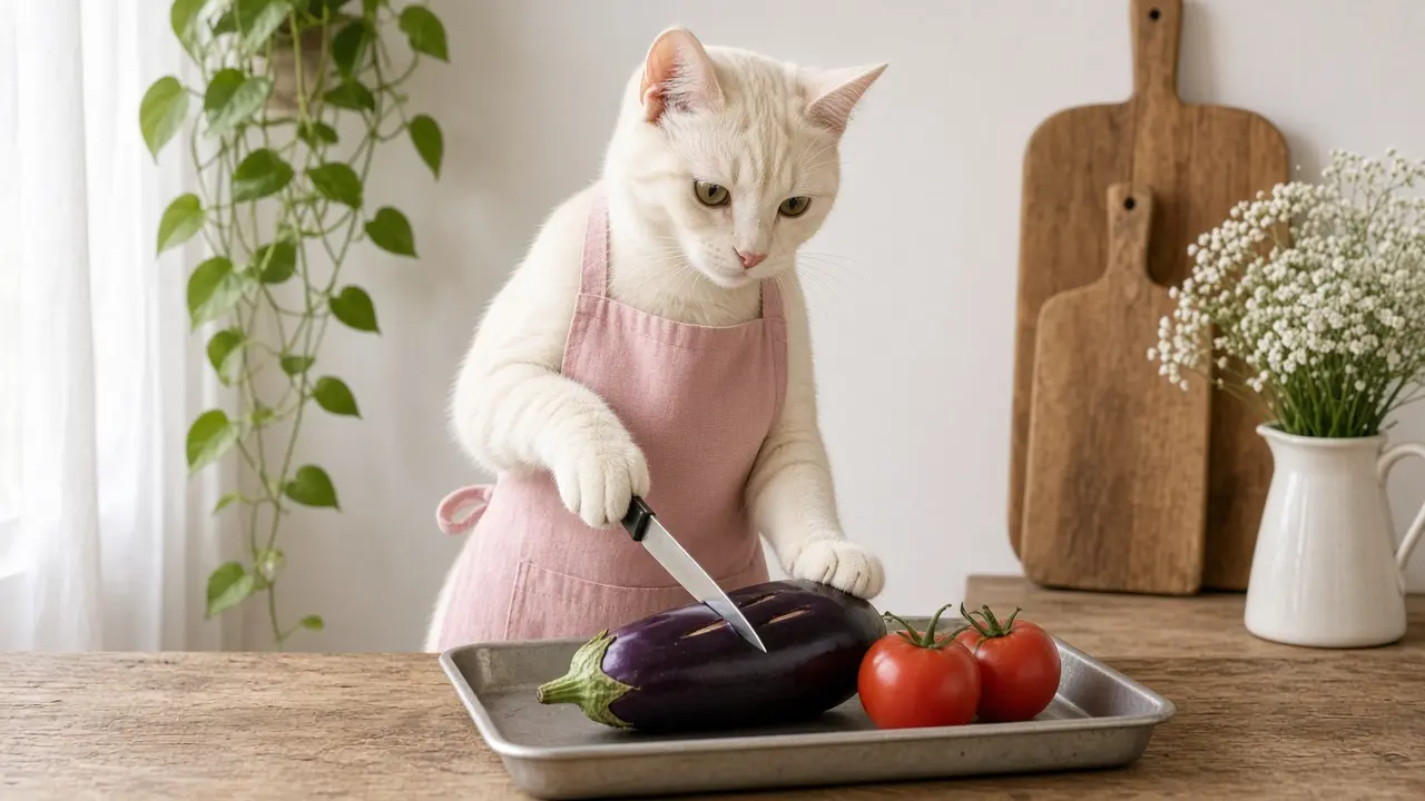 A cream-coloured cat in a pink apron, cooking this dish