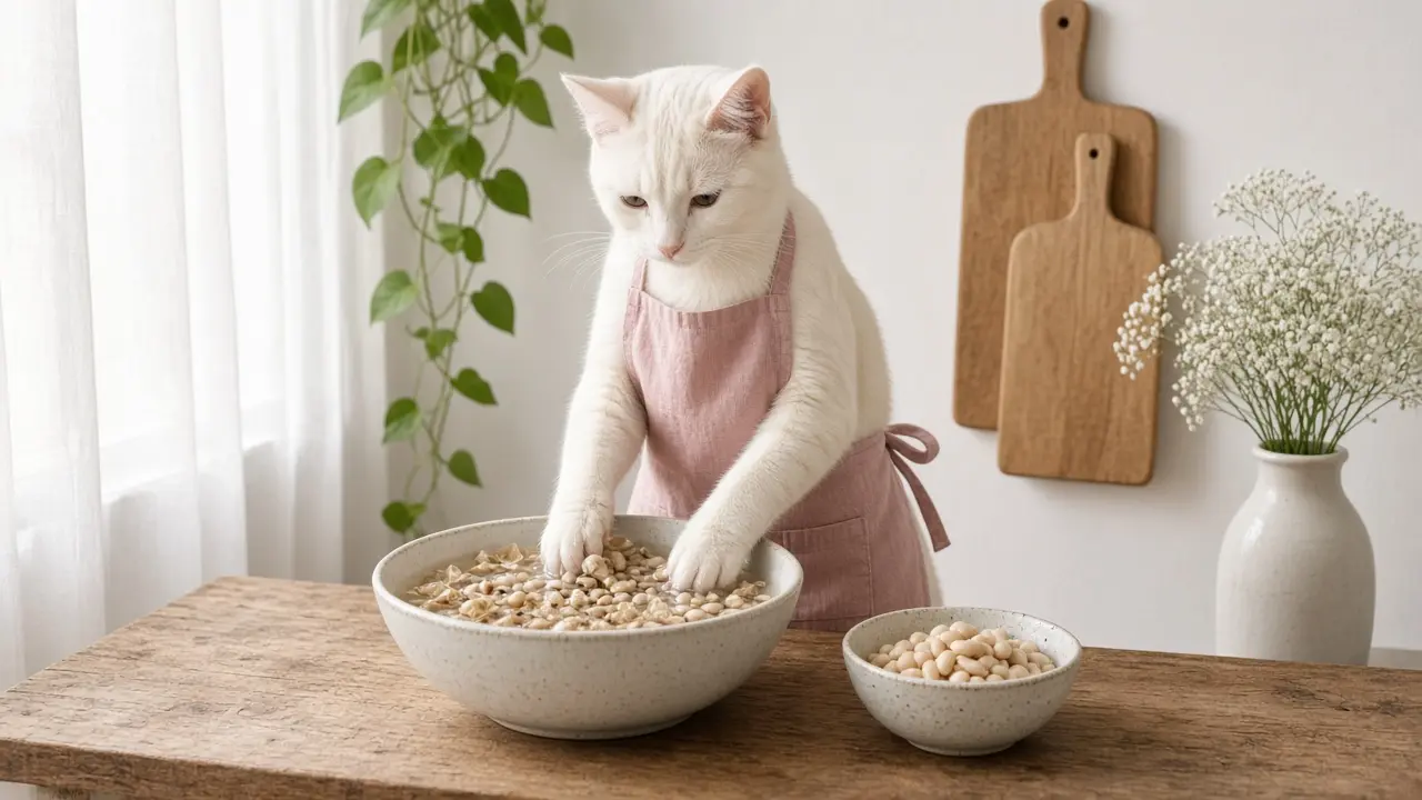 A cream-coloured cat in a pink apron, cooking this dish