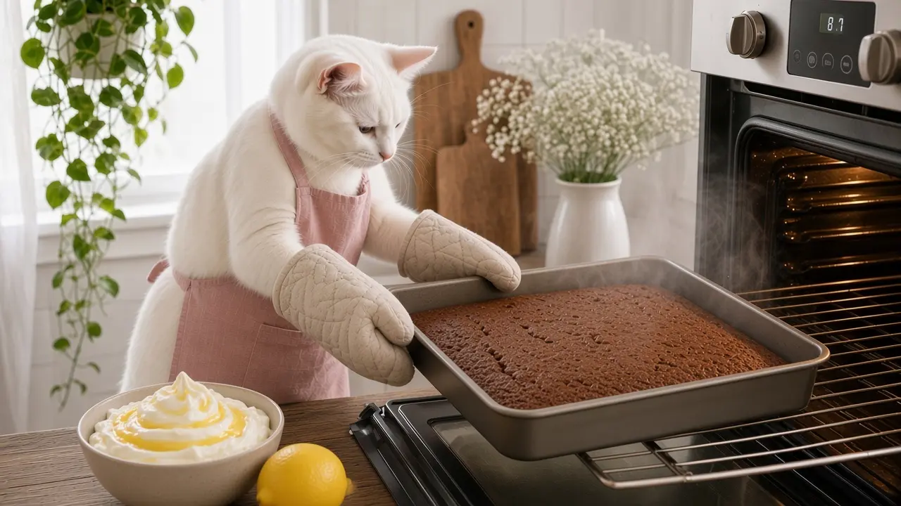 A cream-coloured cat in a pink apron, cooking this dish