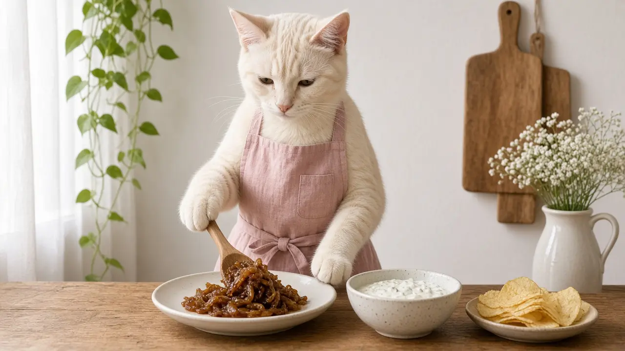A cream-coloured cat in a pink apron, cooking this dish