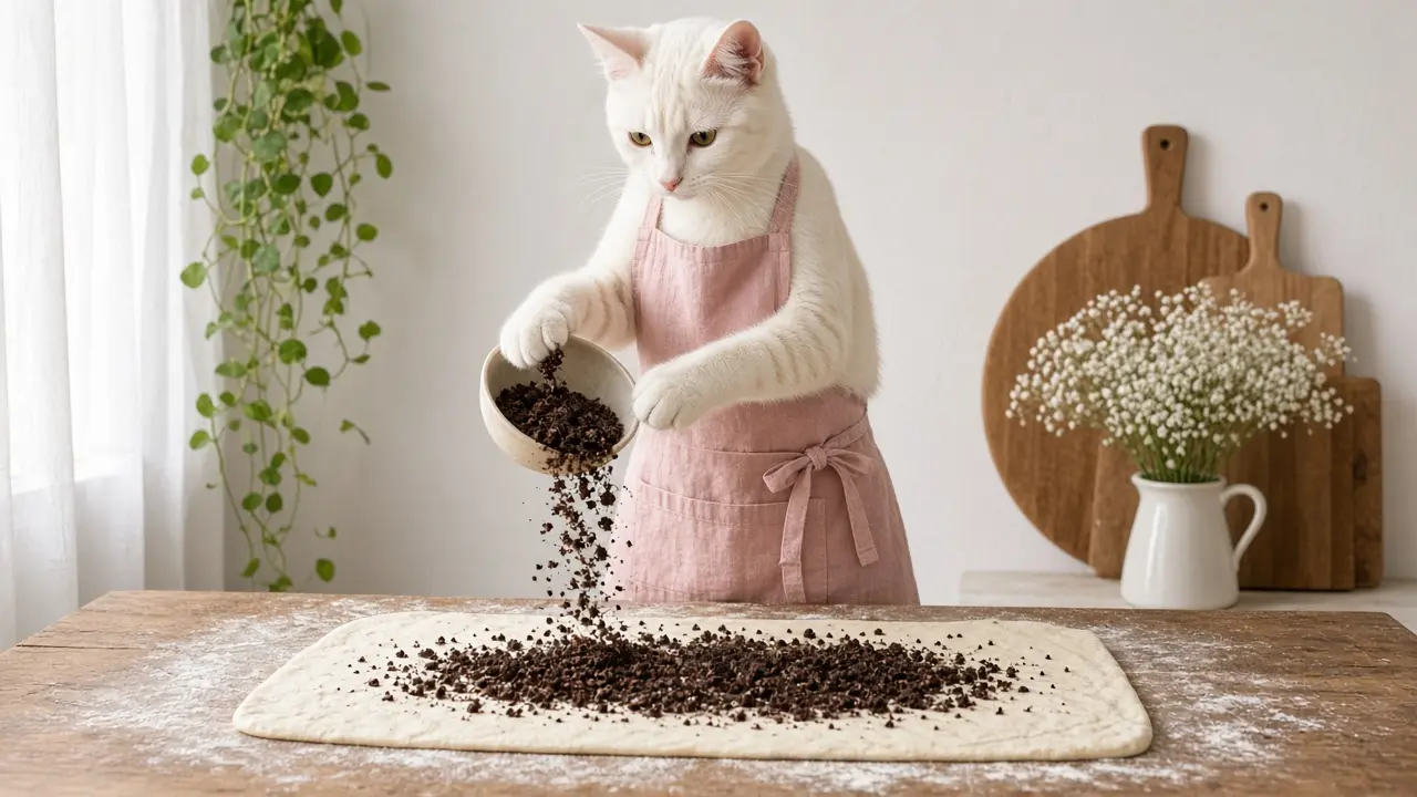 A cream-coloured cat in a pink apron, cooking this dish
