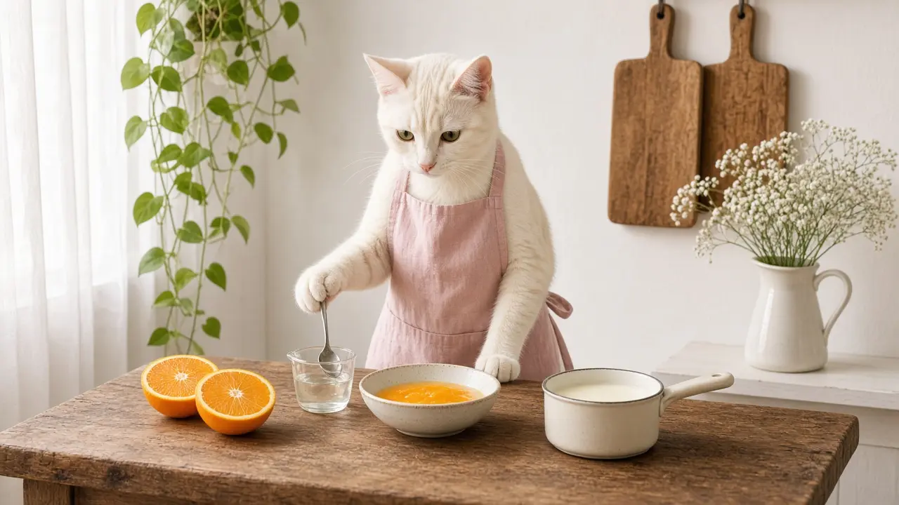 A cream-coloured cat in a pink apron, cooking this dish