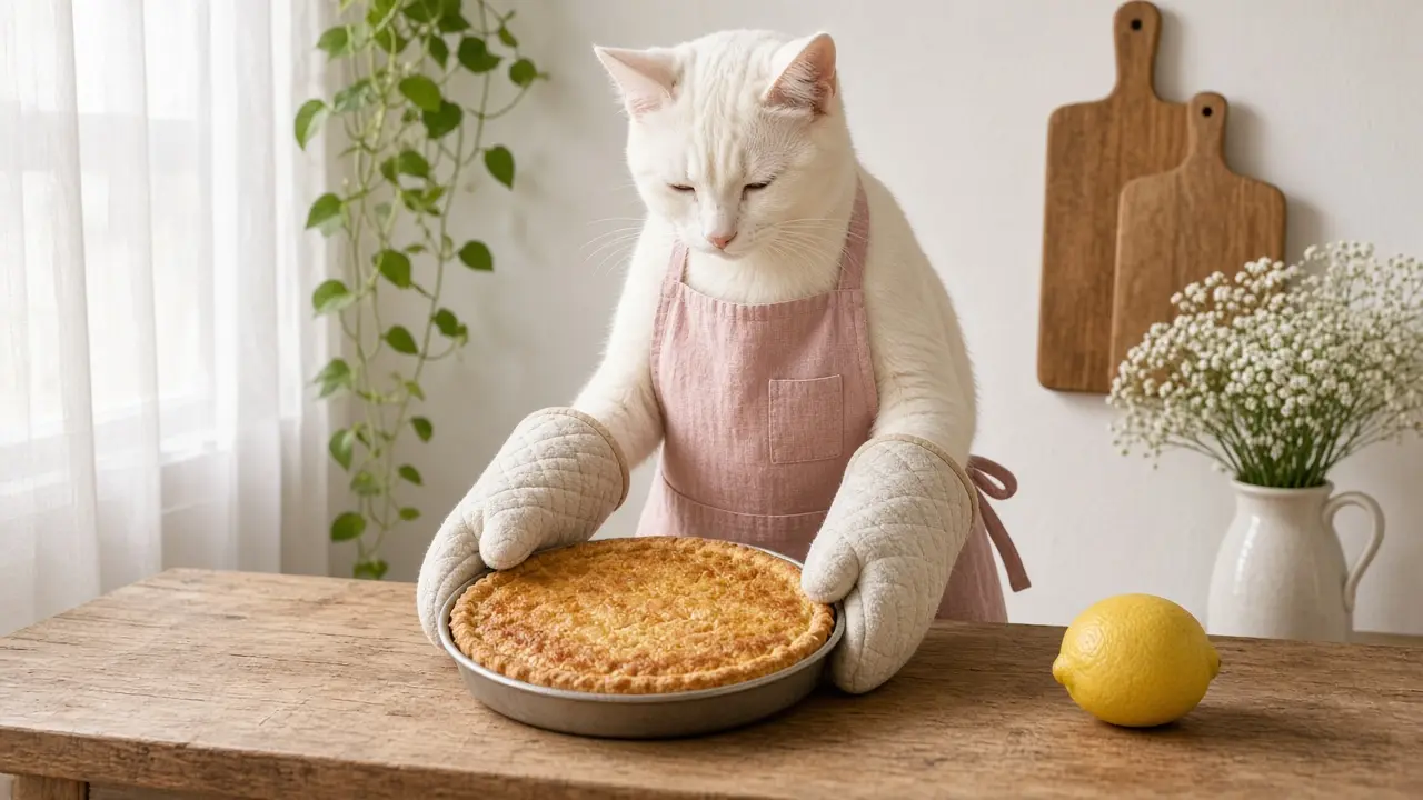 A cream-coloured cat in a pink apron, cooking this dish