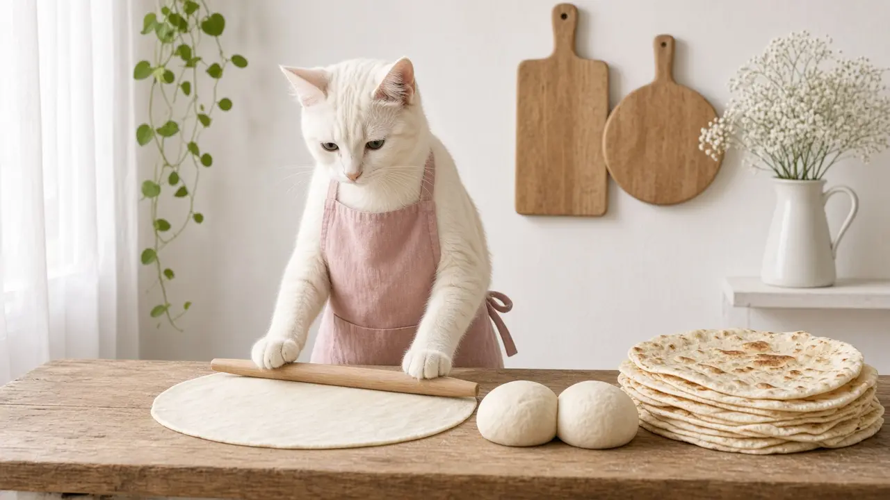 A cream-coloured cat in a pink apron, cooking this dish