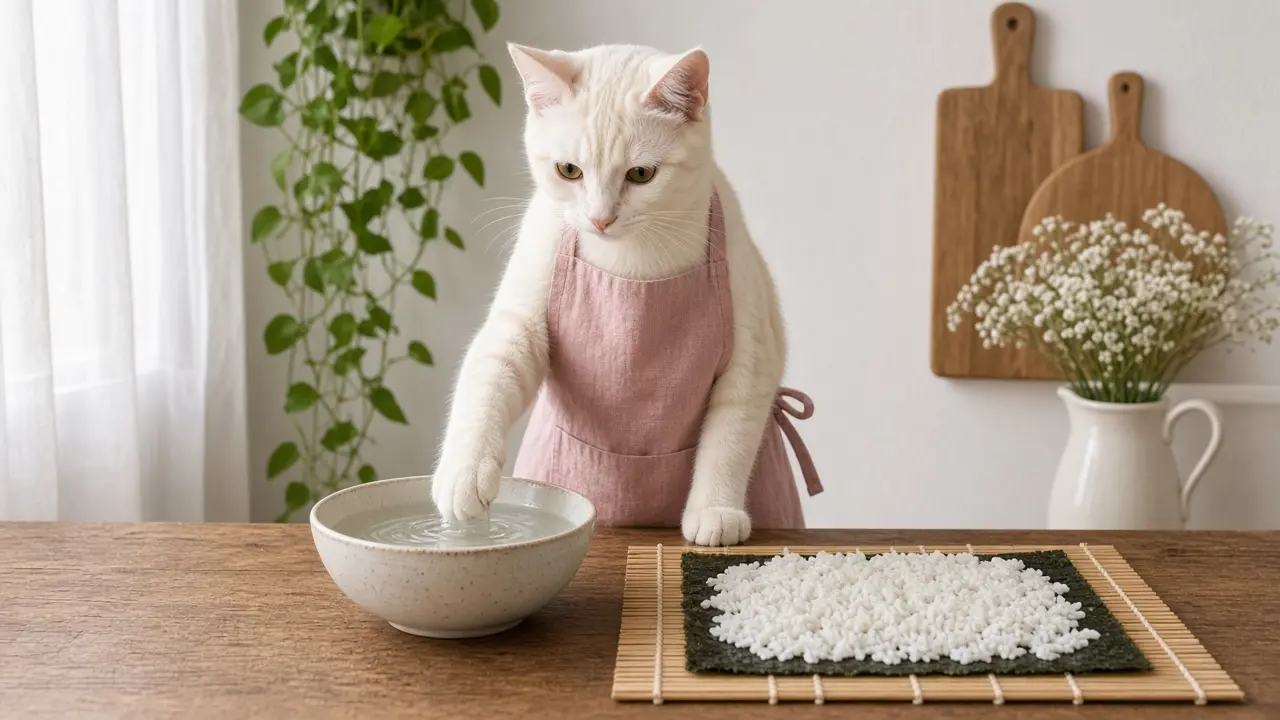 A cream-coloured cat in a pink apron, cooking this dish