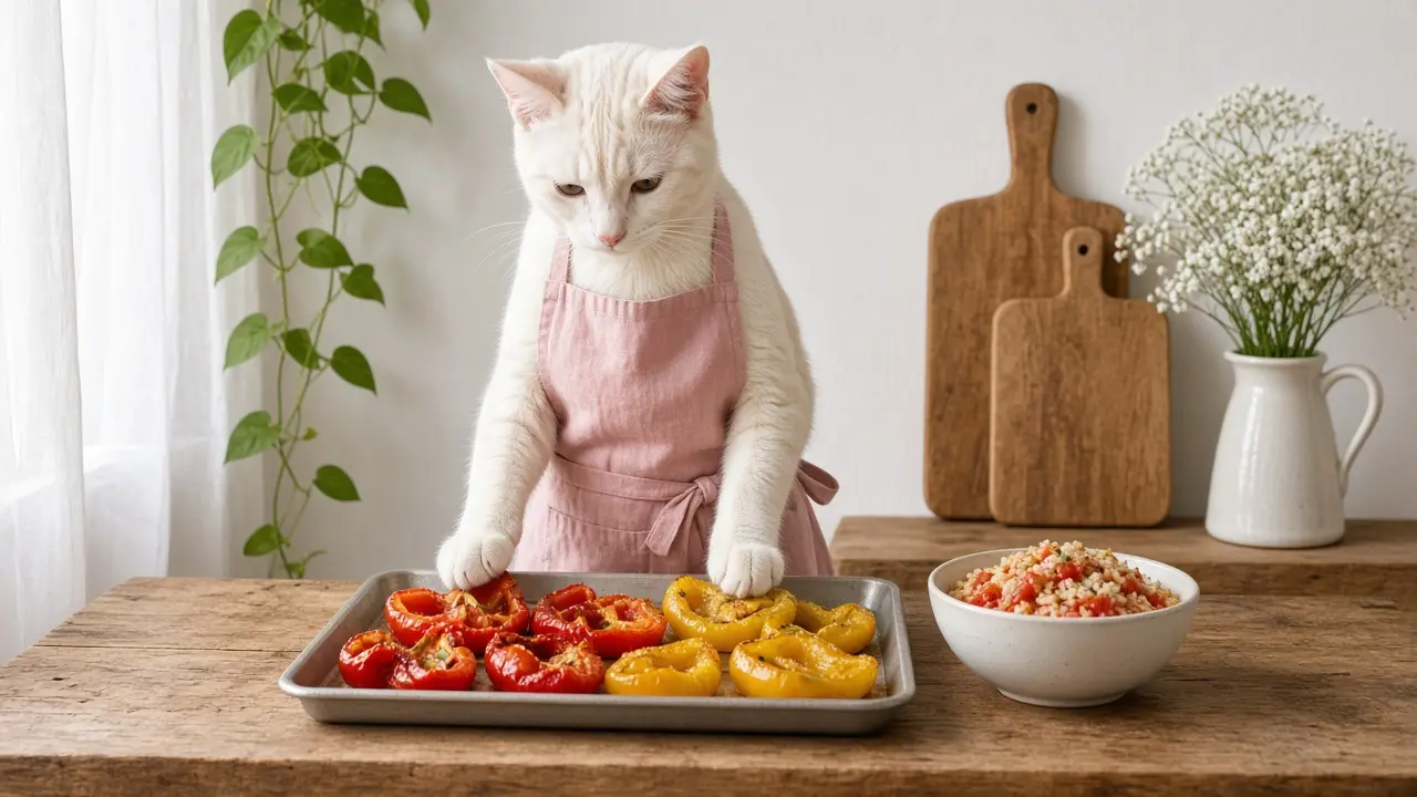 A cream-coloured cat in a pink apron, cooking this dish
