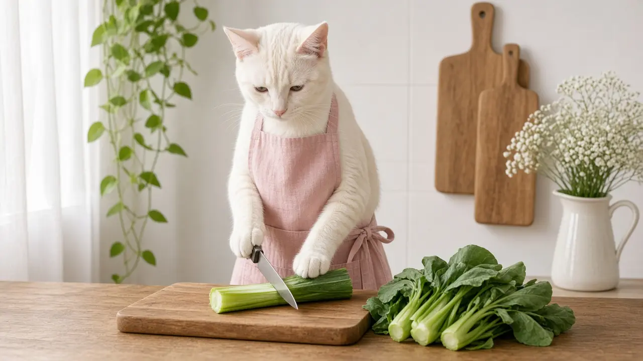 A cream-coloured cat in a pink apron, cooking this dish