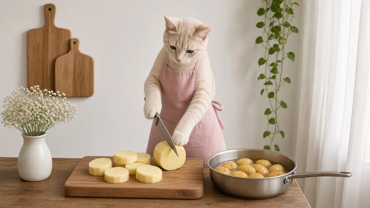 A cream-coloured cat in a pink apron, cooking this dish