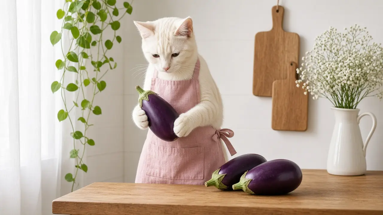 A cream-coloured cat in a pink apron, cooking this dish