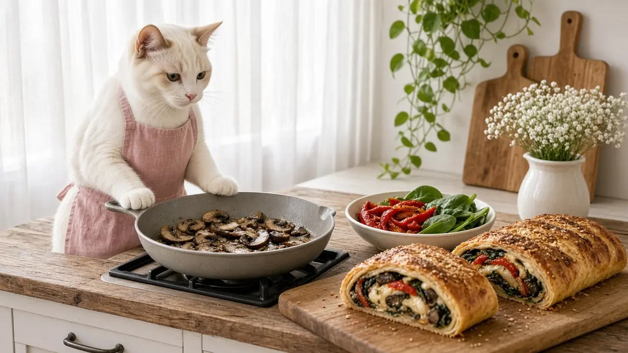 A cream-coloured cat in a pink apron, cooking this dish