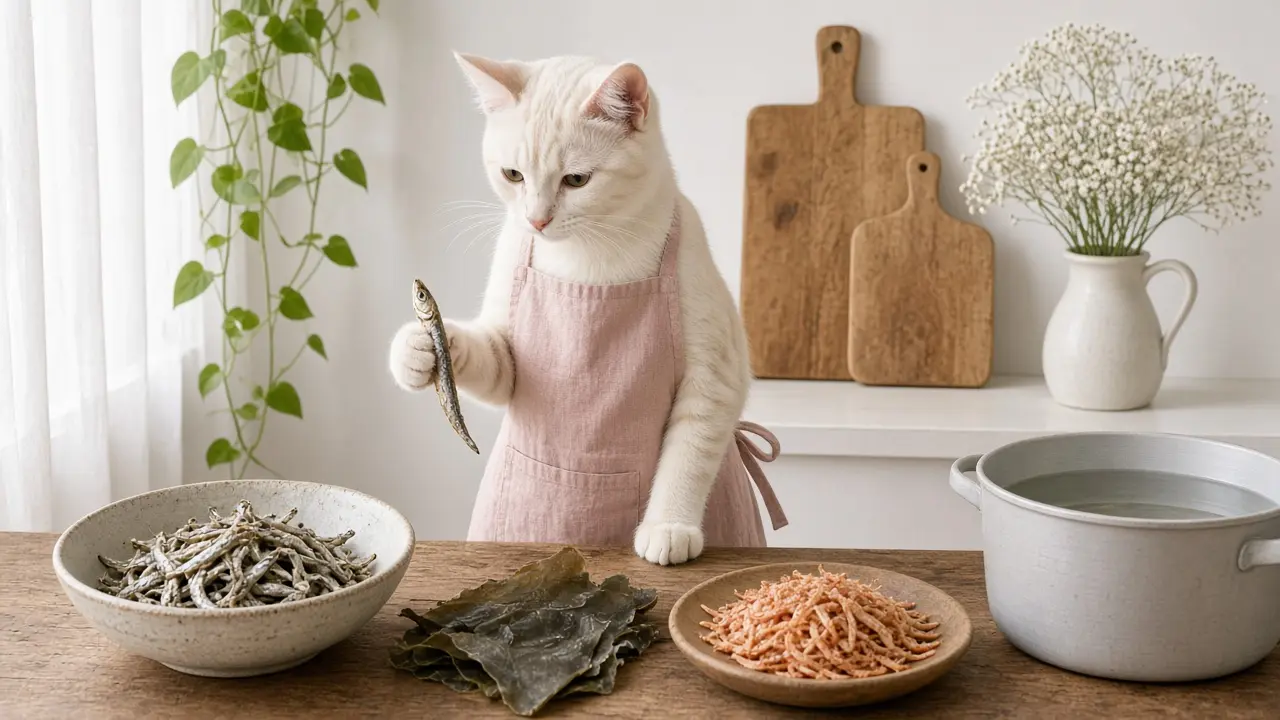A cream-coloured cat in a pink apron, cooking this dish