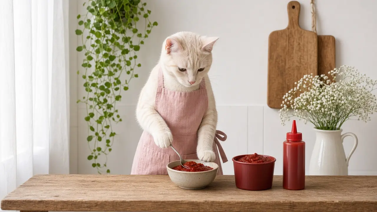 A cream-coloured cat in a pink apron, cooking this dish