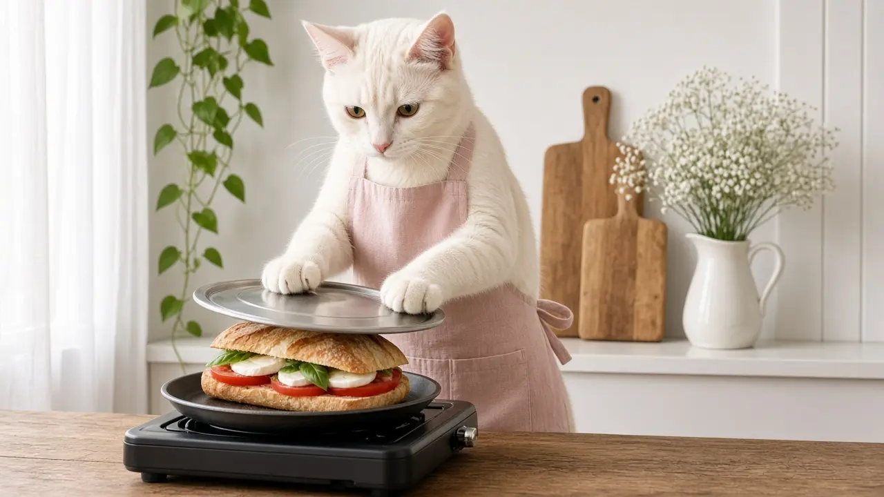 A cream-coloured cat in a pink apron, cooking this dish