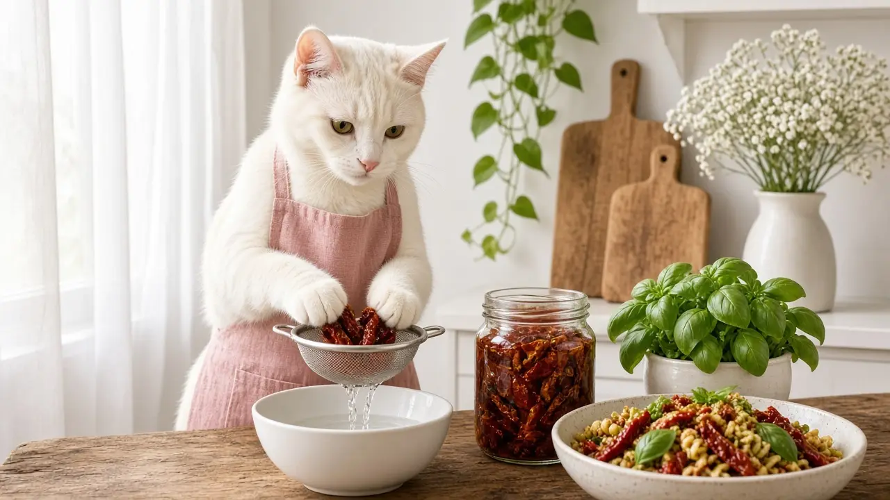 A cream-coloured cat in a pink apron, cooking this dish