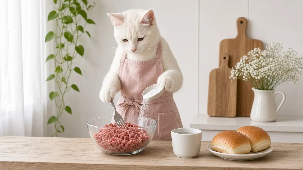 A cream-coloured cat in a pink apron, cooking this dish