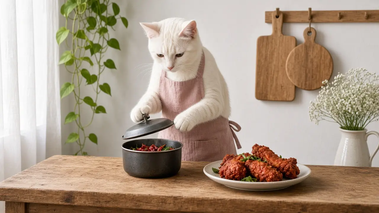 A cream-coloured cat in a pink apron, cooking this dish