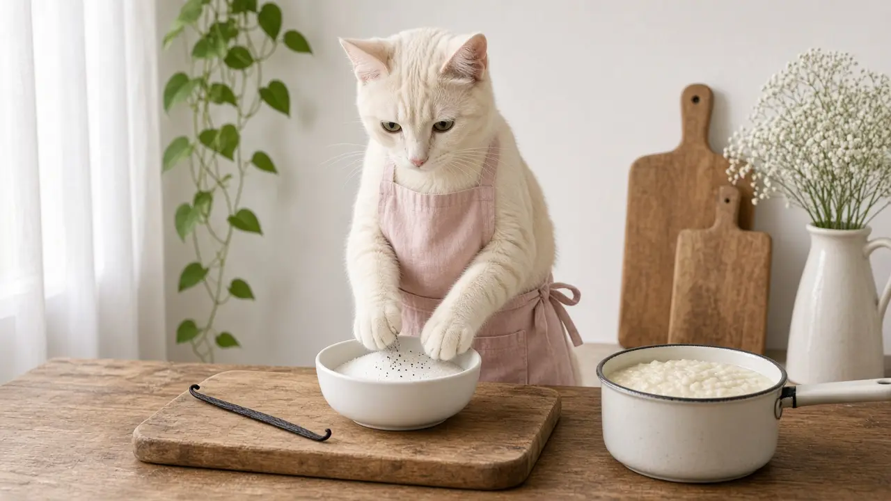 A cream-coloured cat in a pink apron, cooking this dish