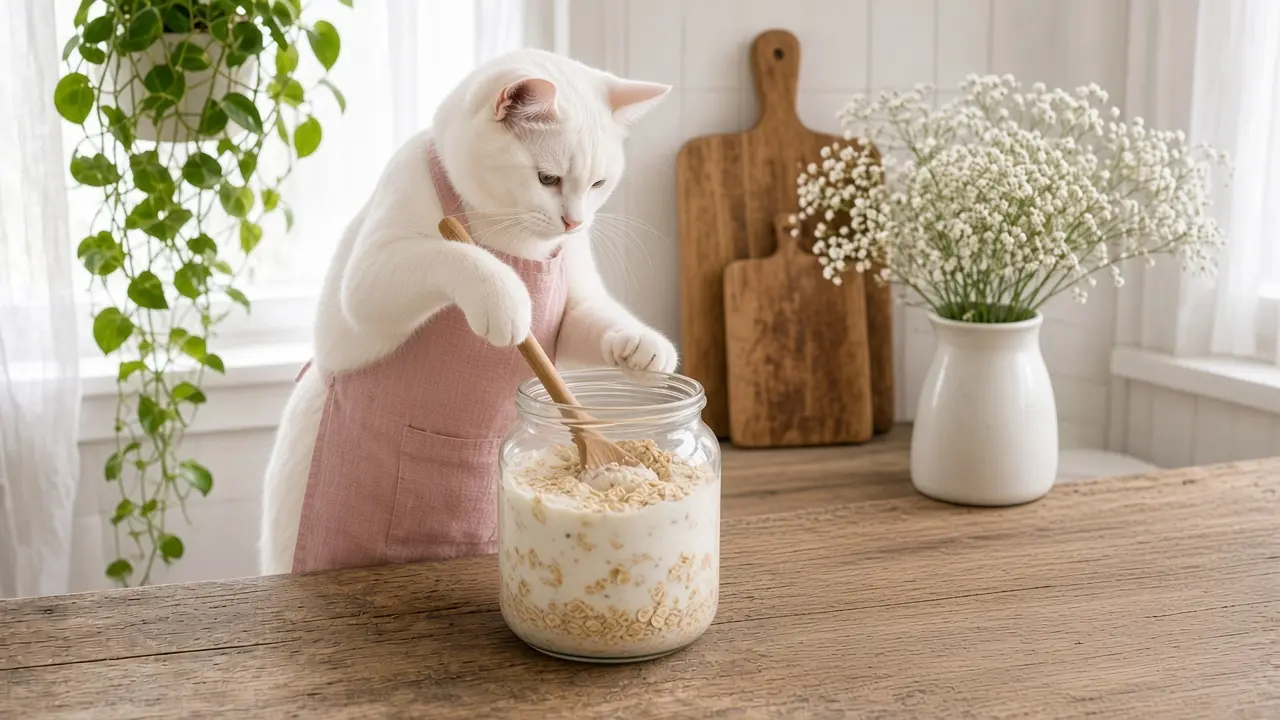 A cream-coloured cat in a pink apron, cooking this dish
