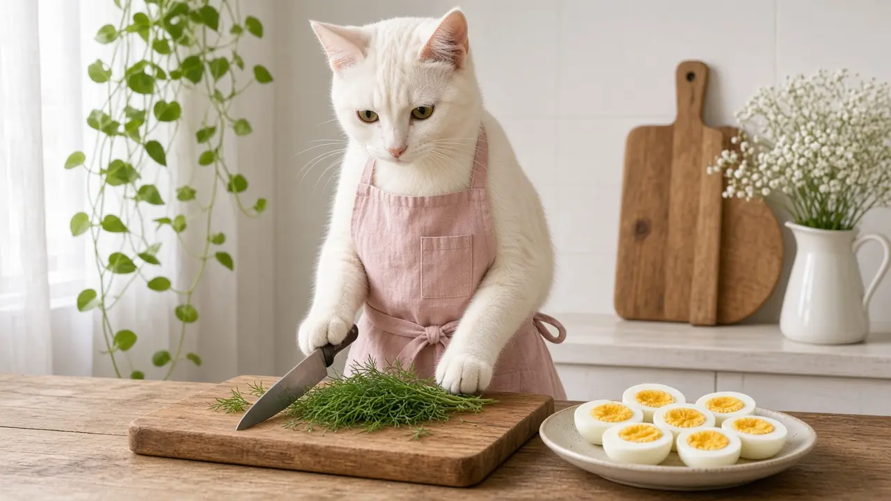 A cream-coloured cat in a pink apron, cooking this dish
