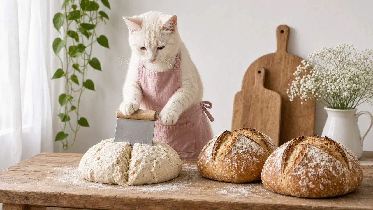 A cream-coloured cat in a pink apron, cooking this dish
