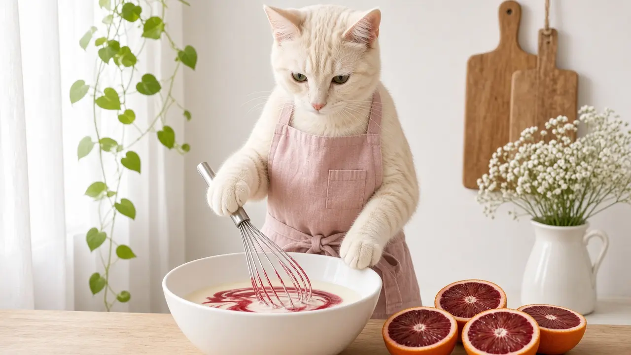 A cream-coloured cat in a pink apron, cooking this dish
