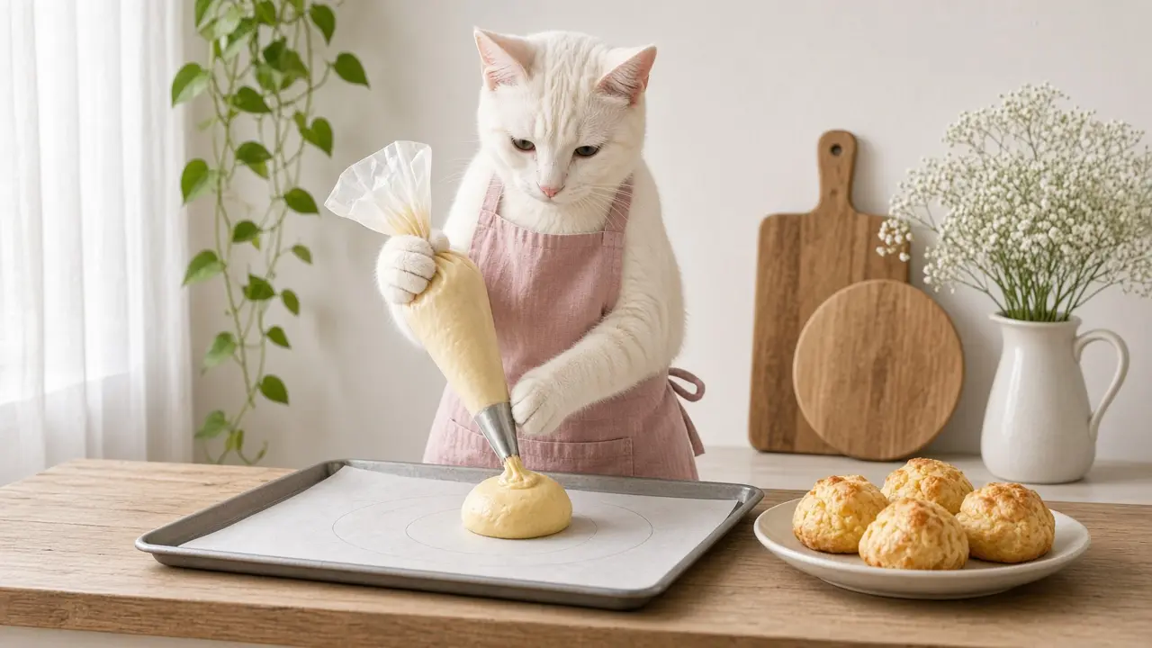 A cream-coloured cat in a pink apron, cooking this dish