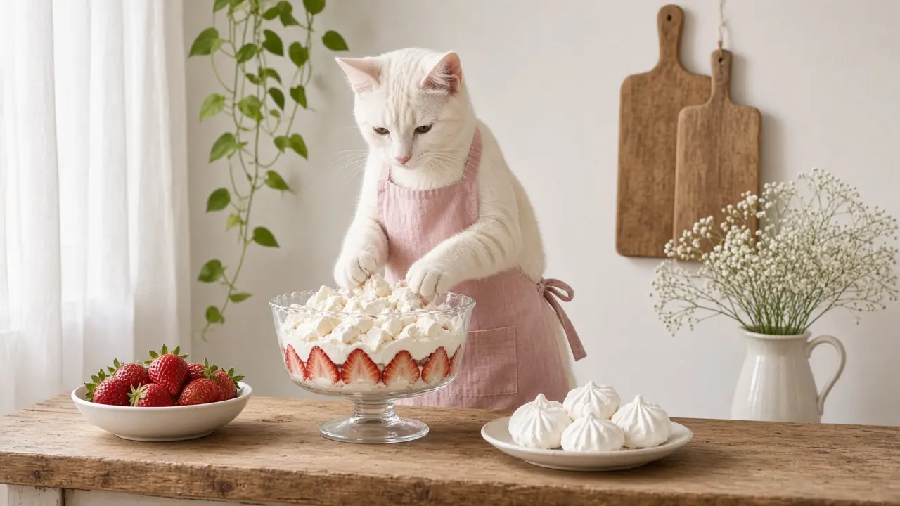 A cream-coloured cat in a pink apron, cooking this dish