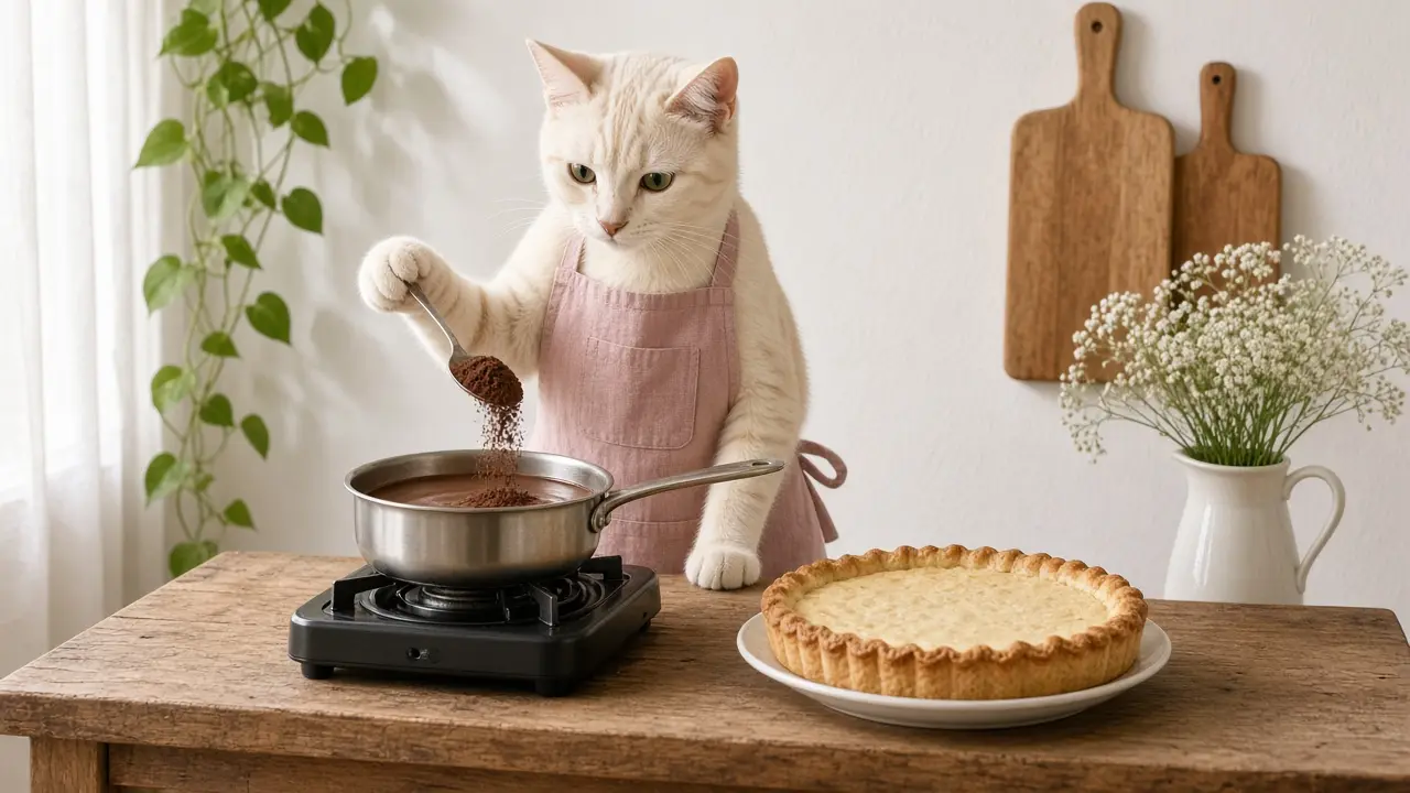 A cream-coloured cat in a pink apron, cooking this dish
