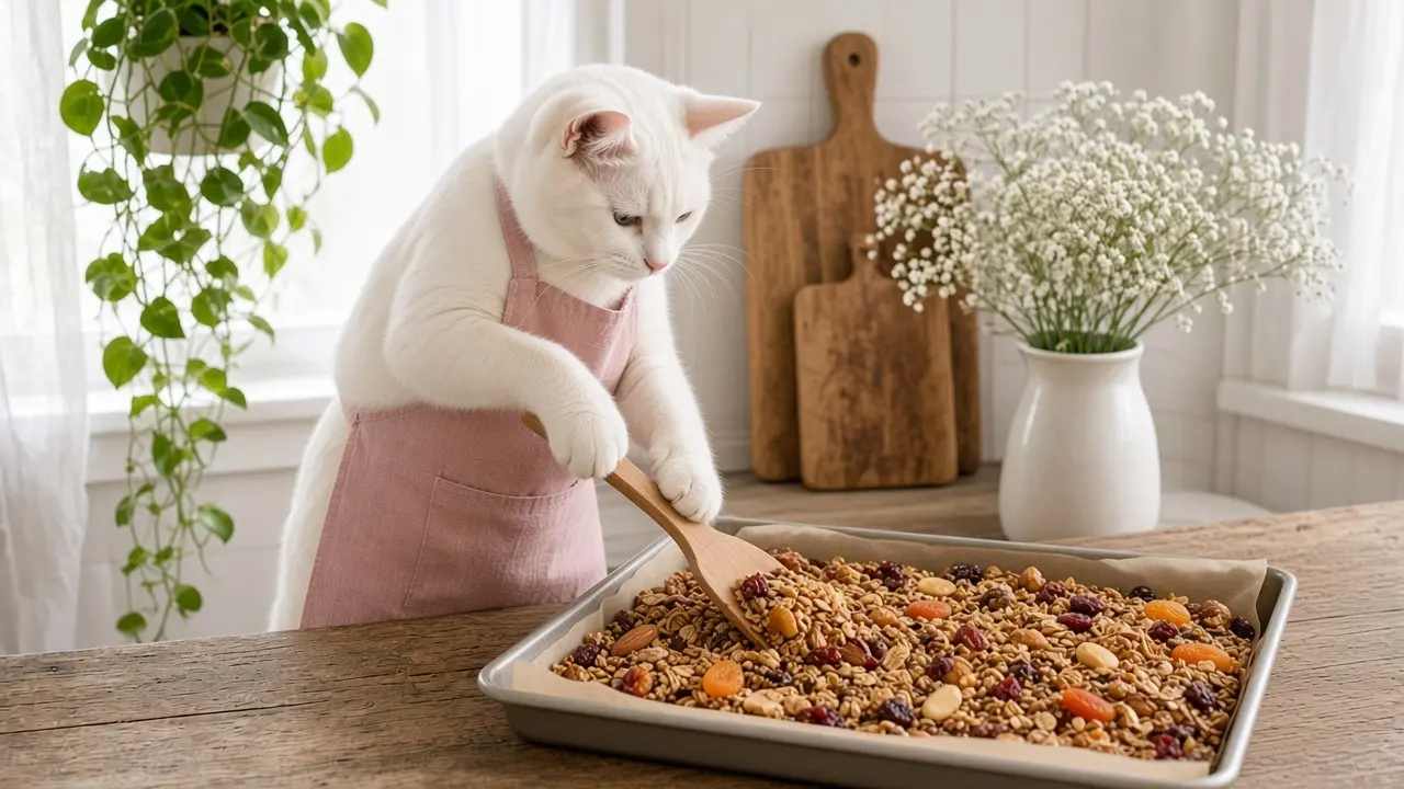 A cream-coloured cat in a pink apron, cooking this dish