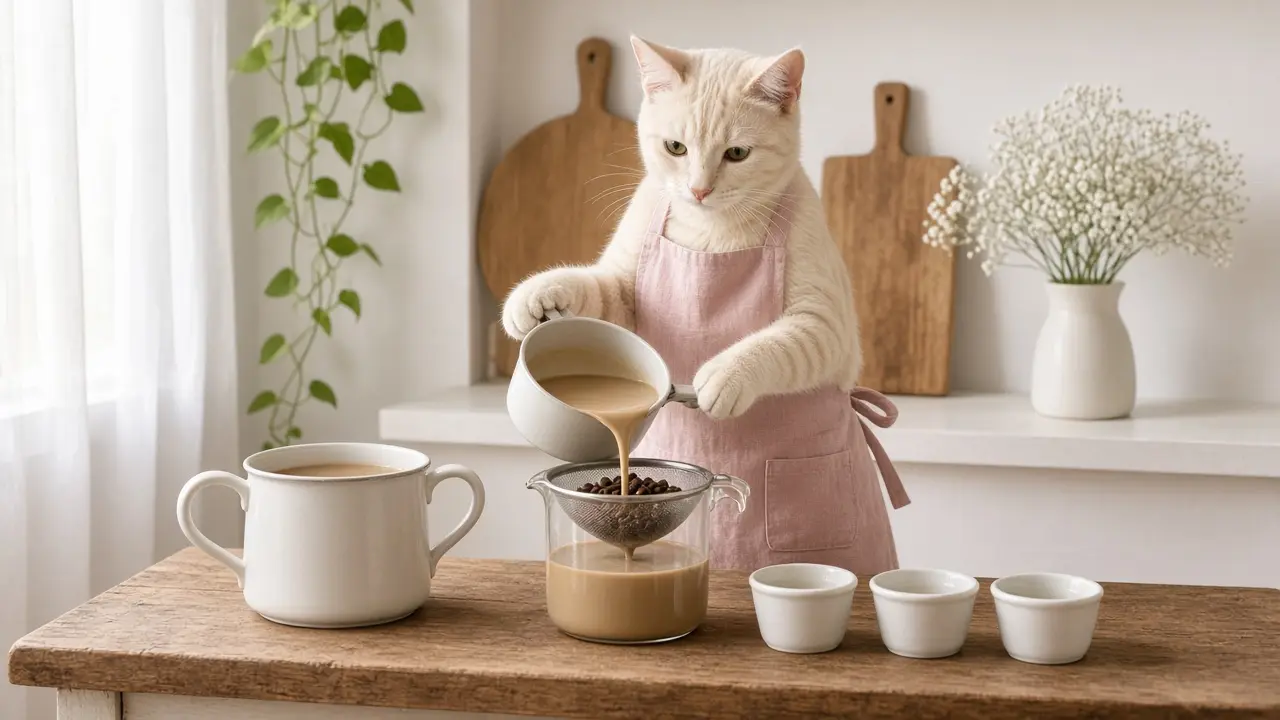 A cream-coloured cat in a pink apron, cooking this dish
