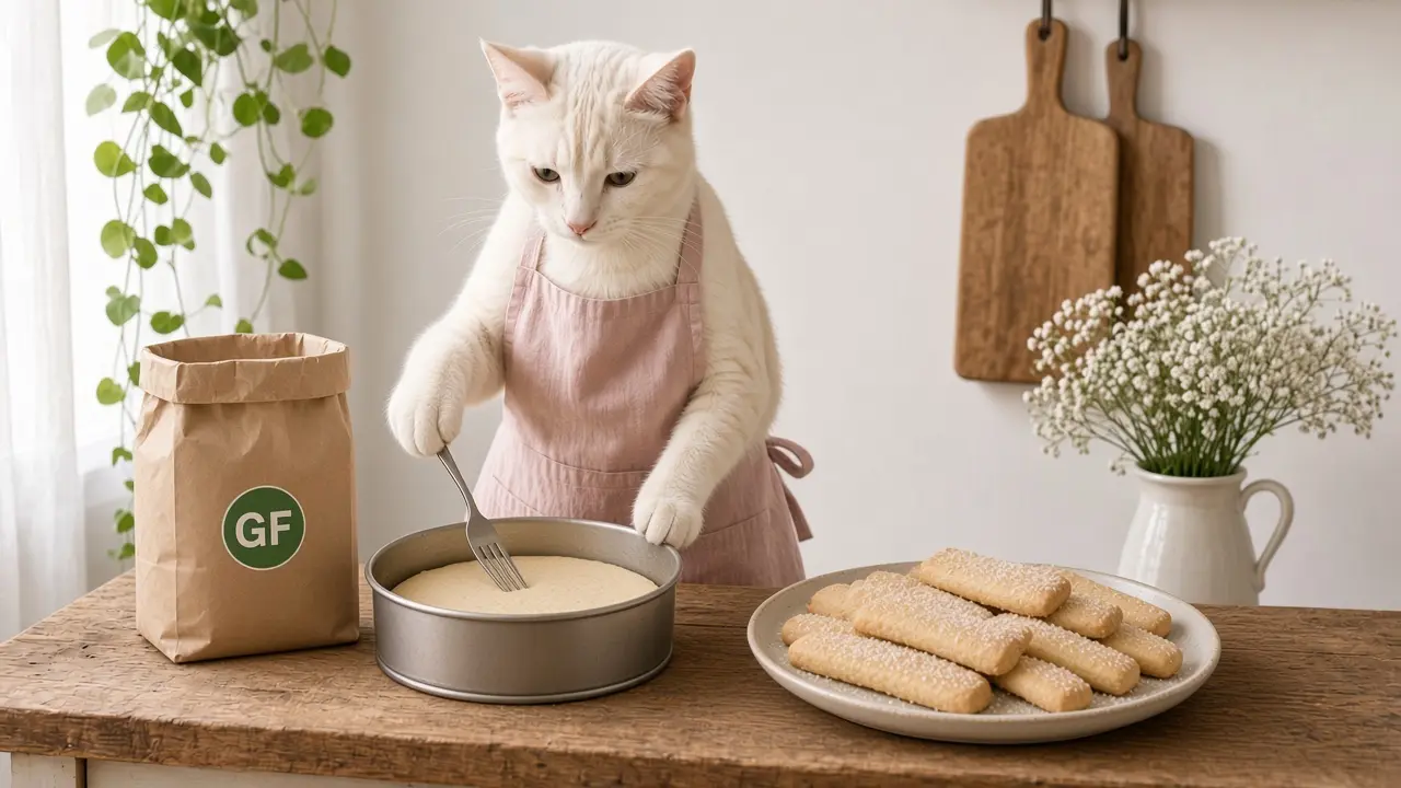 A cream-coloured cat in a pink apron, cooking this dish