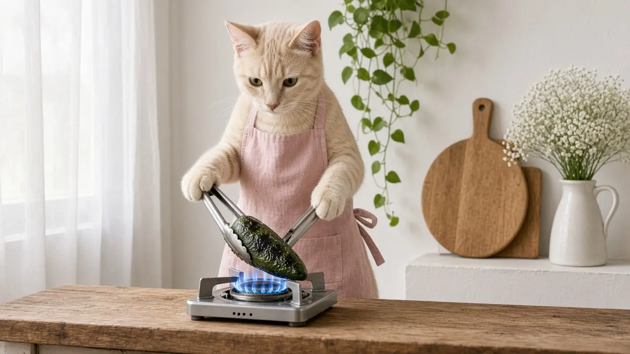 A cream-coloured cat in a pink apron, cooking this dish