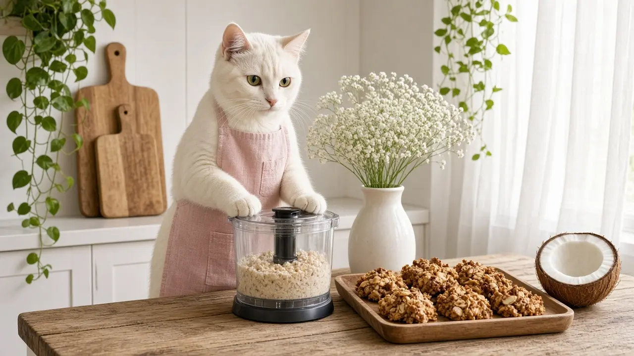 A cream-coloured cat in a pink apron, cooking this dish