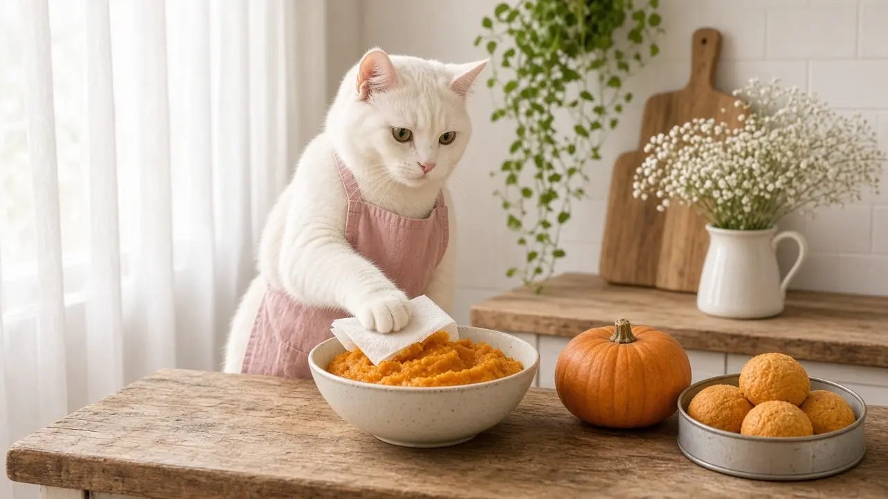 A cream-coloured cat in a pink apron, cooking this dish