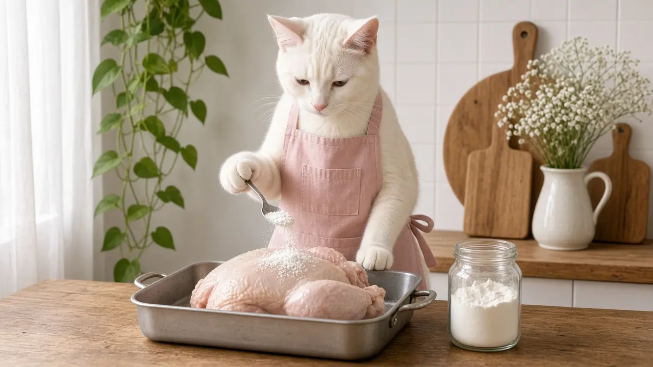 A cream-coloured cat in a pink apron, cooking this dish