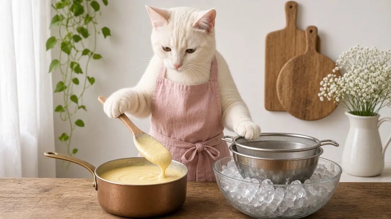 A cream-coloured cat in a pink apron, cooking this dish