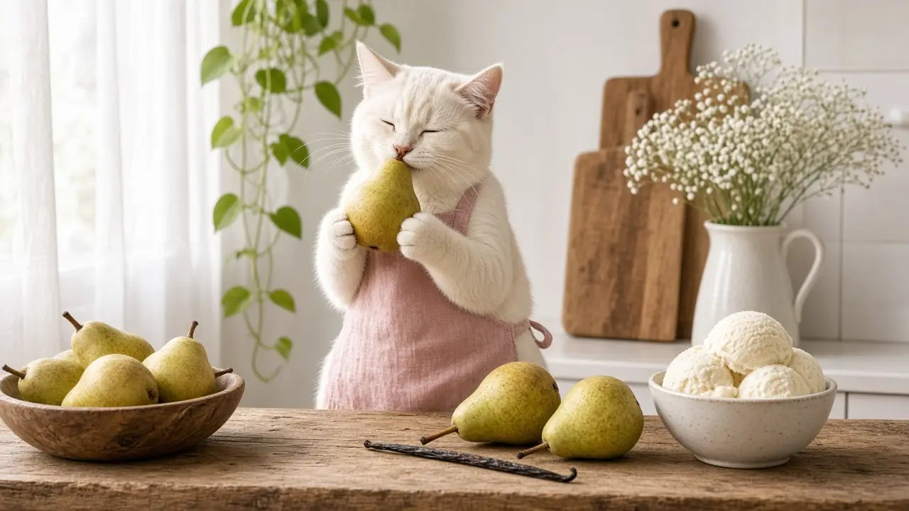 A cream-coloured cat in a pink apron, cooking this dish