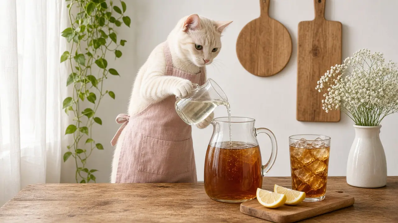 A cream-coloured cat in a pink apron, cooking this dish