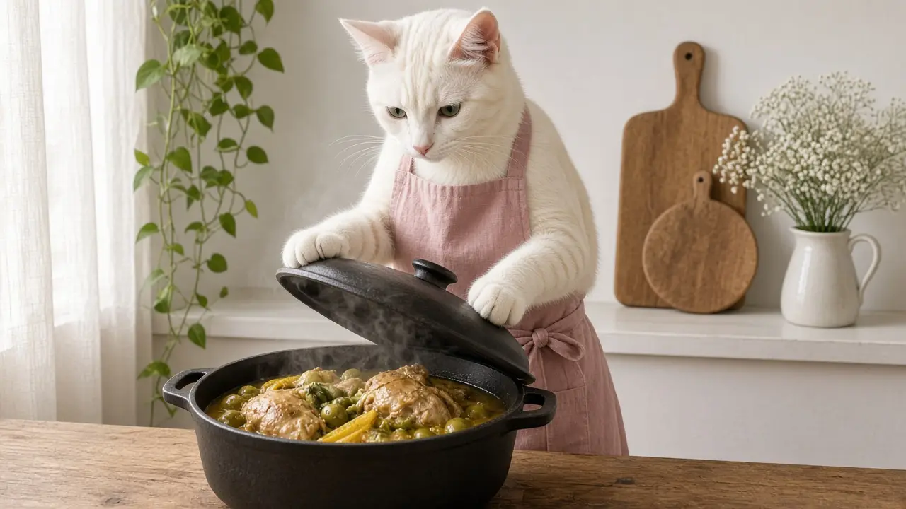 A cream-coloured cat in a pink apron, cooking this dish
