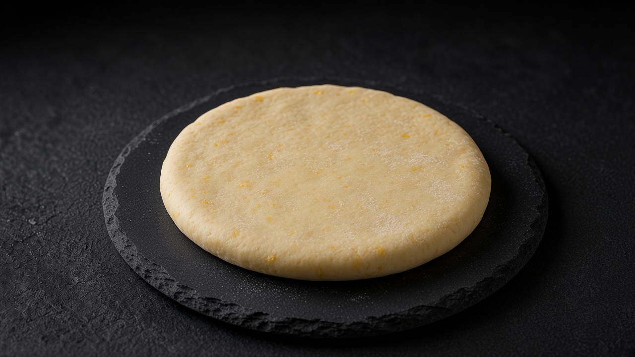 A round disc of pale all-butter shortcrust pastry dough on a matte black slate.
