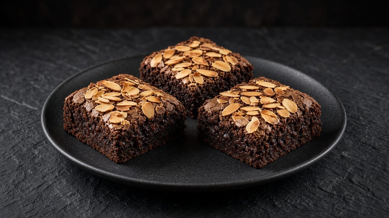 Three fudgy dark brownie squares topped with toasted flaked almonds.