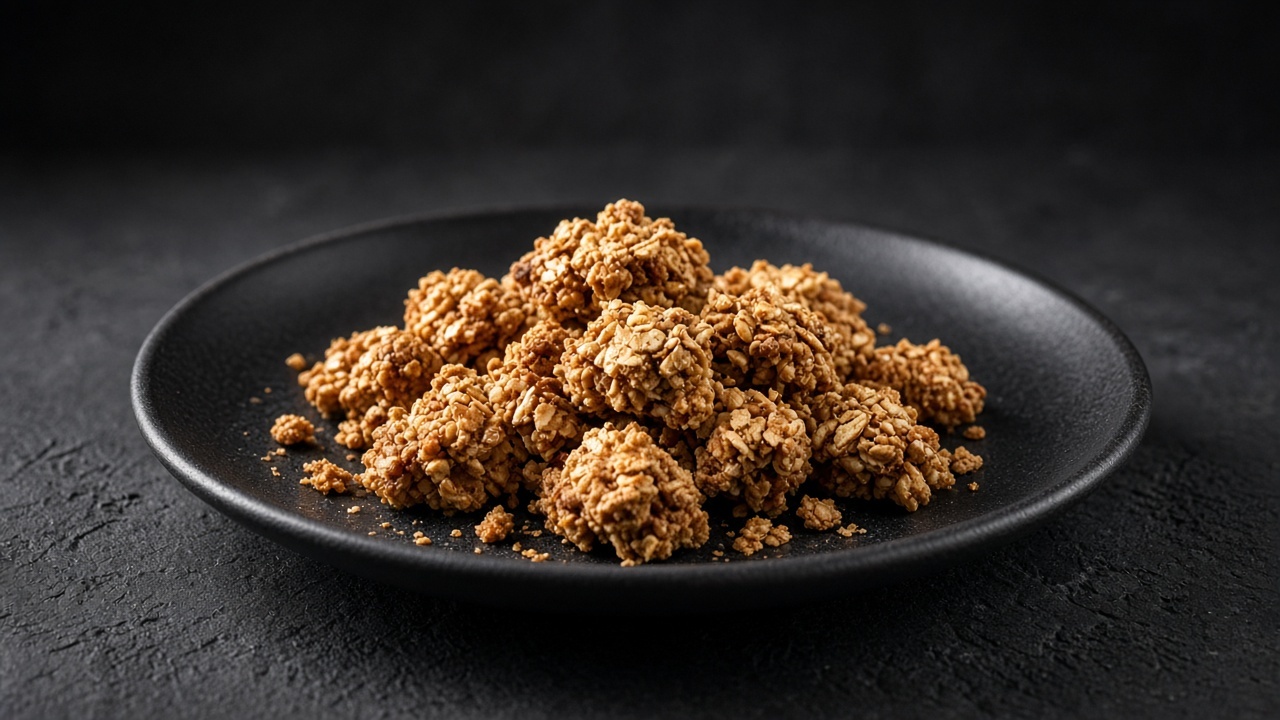 Golden-brown gluten-free granola clusters broken into irregular pieces.