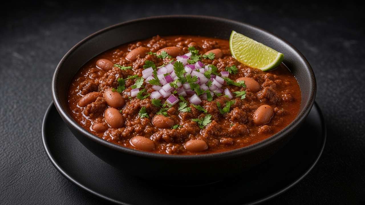 Bowl of dark red beef and pinto bean chili, with a lime wedge, chopped red onion and fresh coriander.