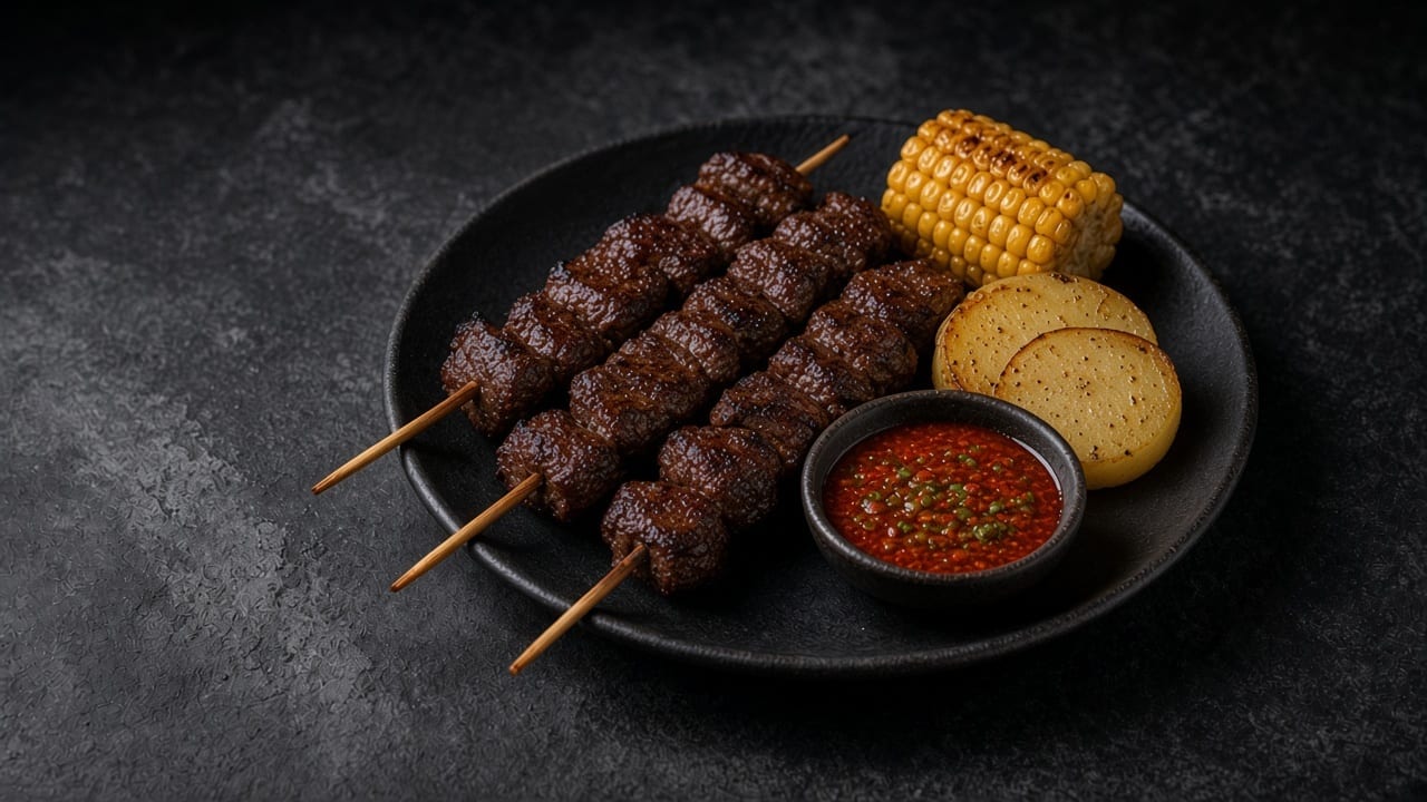 Three anticucho skewers of grilled beef heart with browned potato, corn and a dish of red rocoto sauce.