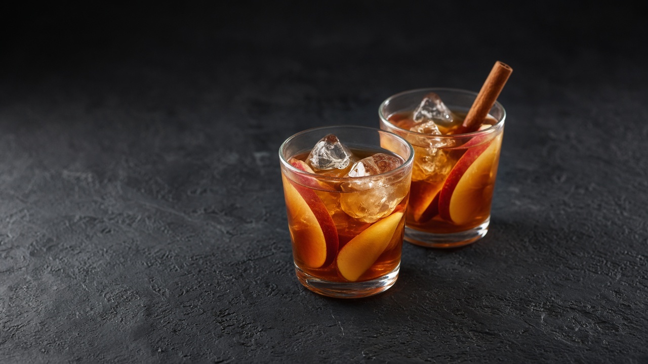 Two glasses of amber apple iced tea with ice, red apple slices and a cinnamon stick.