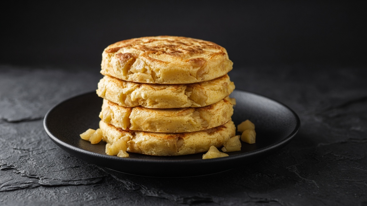 Stack of golden pancakes studded with chunks of cooked apple.