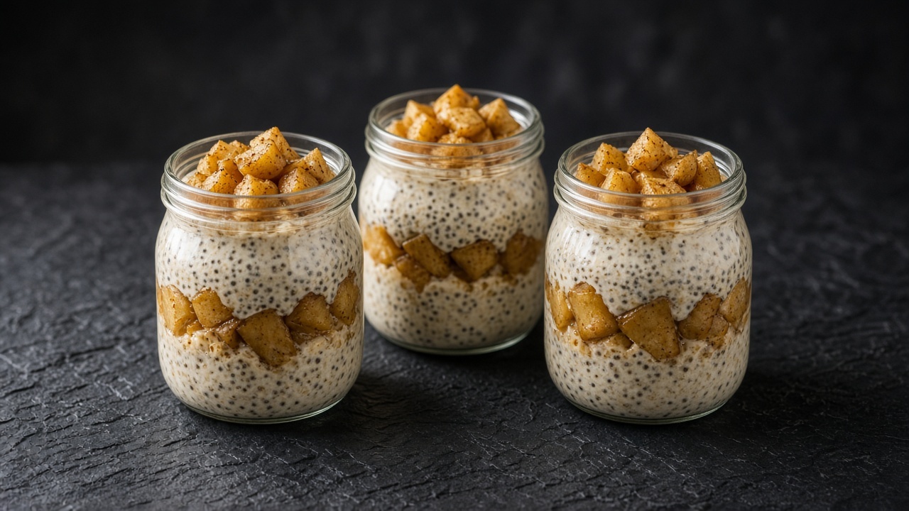 Three glass jars of creamy chia overnight oats layered and topped with spiced golden apple pieces.