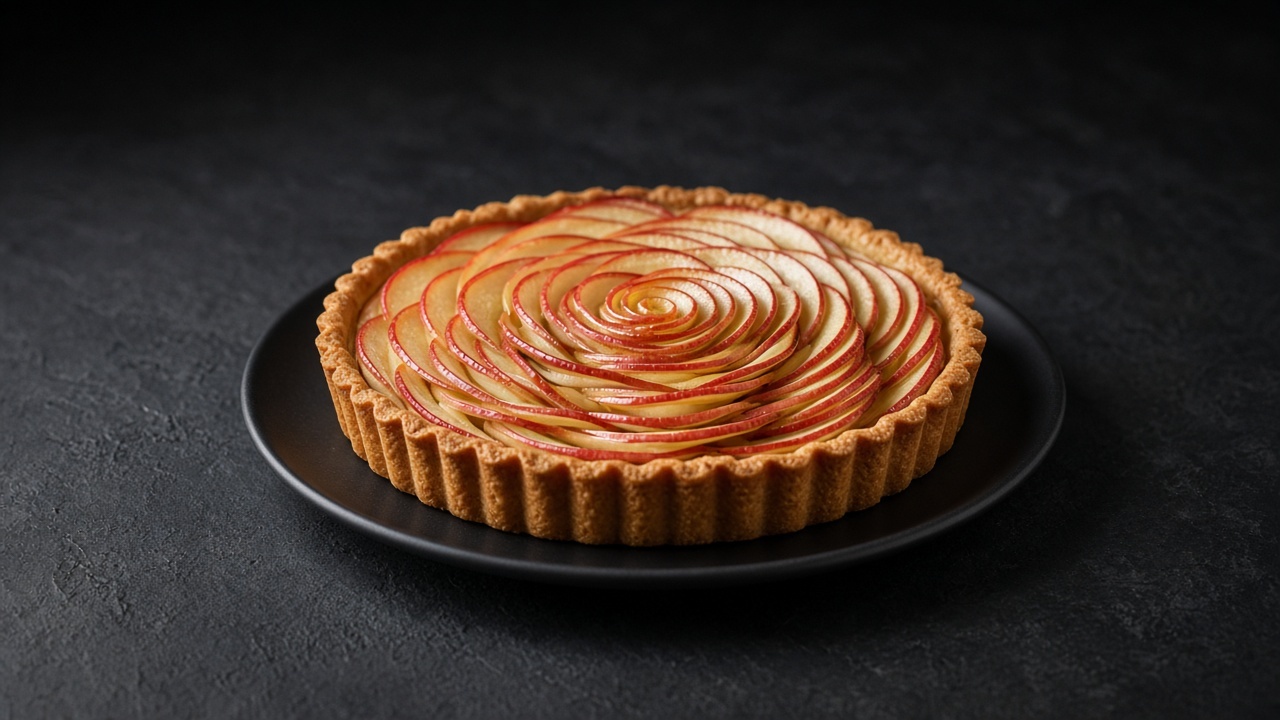 A tart filled with thin apple slices standing in tight rings like a rose, shiny with glaze.